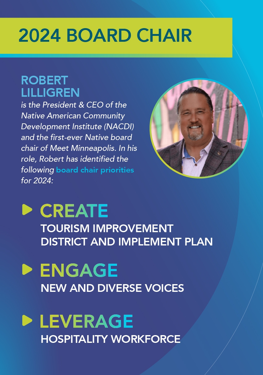 Robert Lilligren is the President & CEO of the Native American Community Development Institute (NACDI) and the first-ever Native board chair of Meet Minneapolis. In his role, Robert has identified the following board chair priorities for 2024: Create Tourism Improvement District and implement plan, Engage new and diverse voices, Leverage hospitality workforce