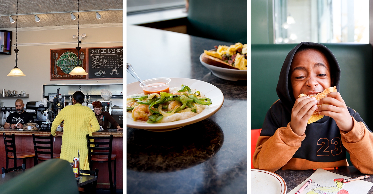 women at the service counter, plate of food and child eating at lowry cafe