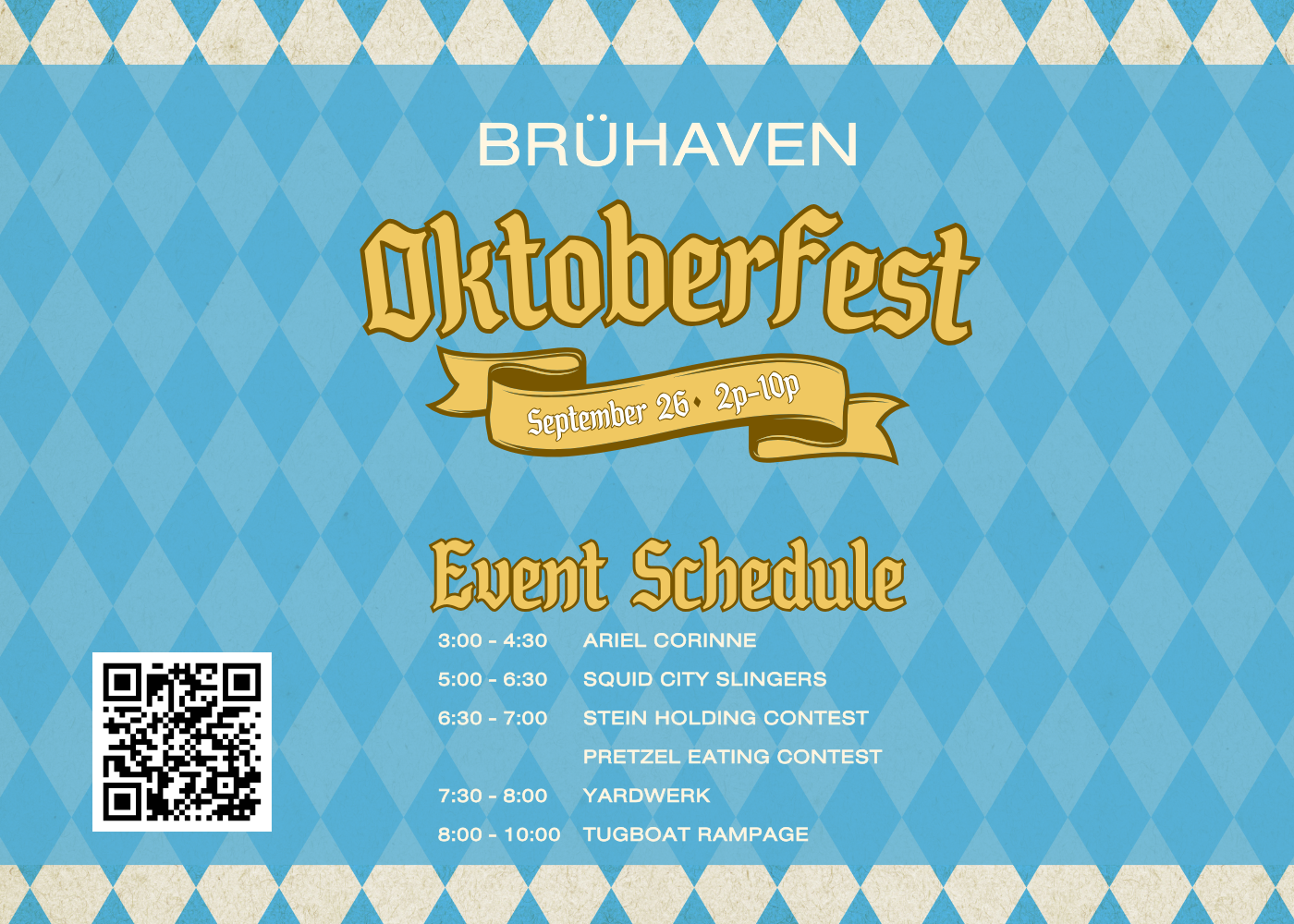 A blue and white checkered flyer to promote Oktoberfest at Bruhaven Brewing Company in Minneapolis on September 26, 2026 from 2 to 10pm.