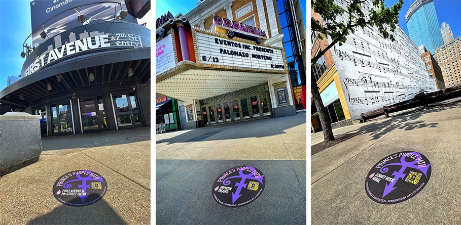 purple path marker at 3 minneapolis landmarks: first avenue, orpheum theatre, and the schmitt mural